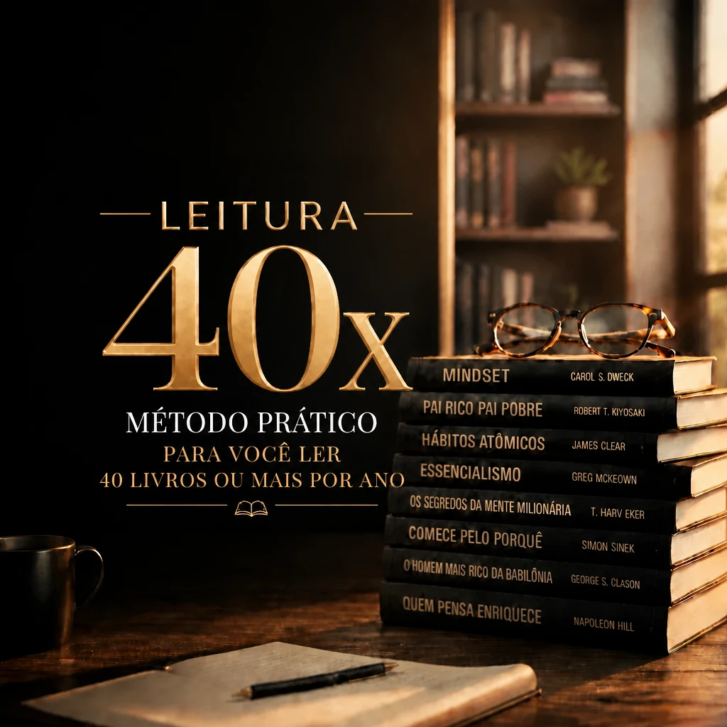 Capa editorial do Leitura 40x com livros, óculos e luz dourada
